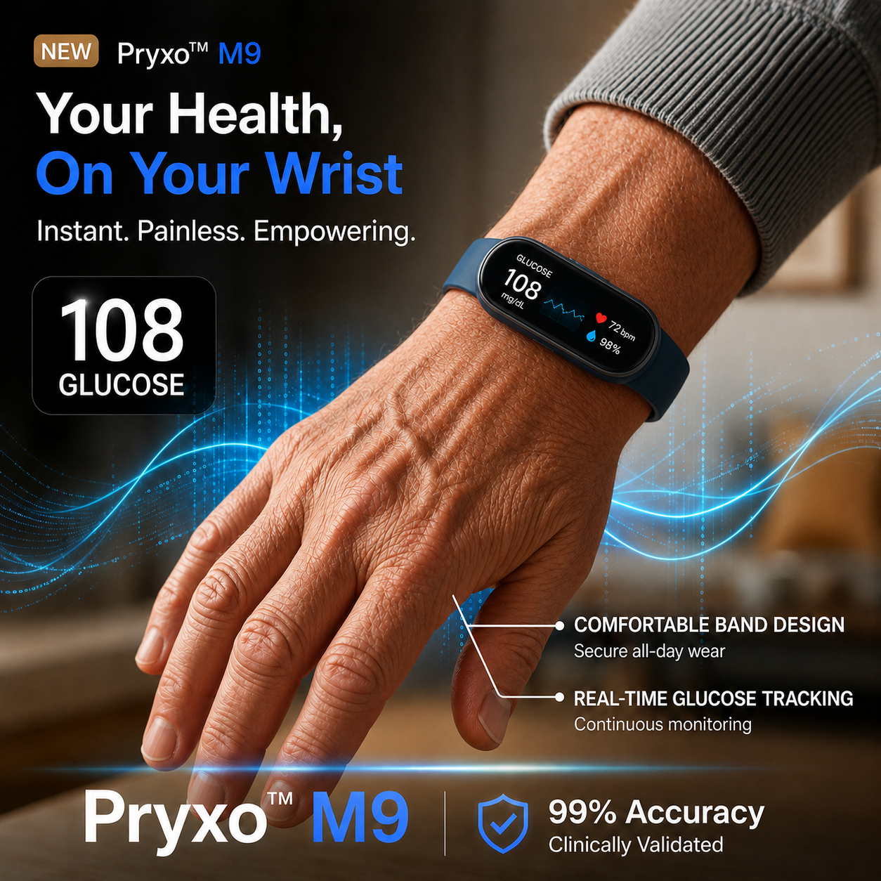 🔥80% OFF Launch Offer  🏆 2026 Pryxo™ M9 Non-Invasive Smart Band 📈12 health reports - No-Prick