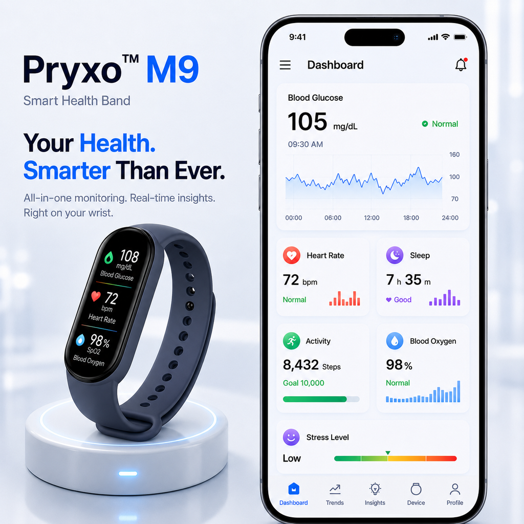 🔥80% OFF Launch Offer  🏆 2026 Pryxo™ M9 Non-Invasive Smart Band 📈12 health reports - No-Prick