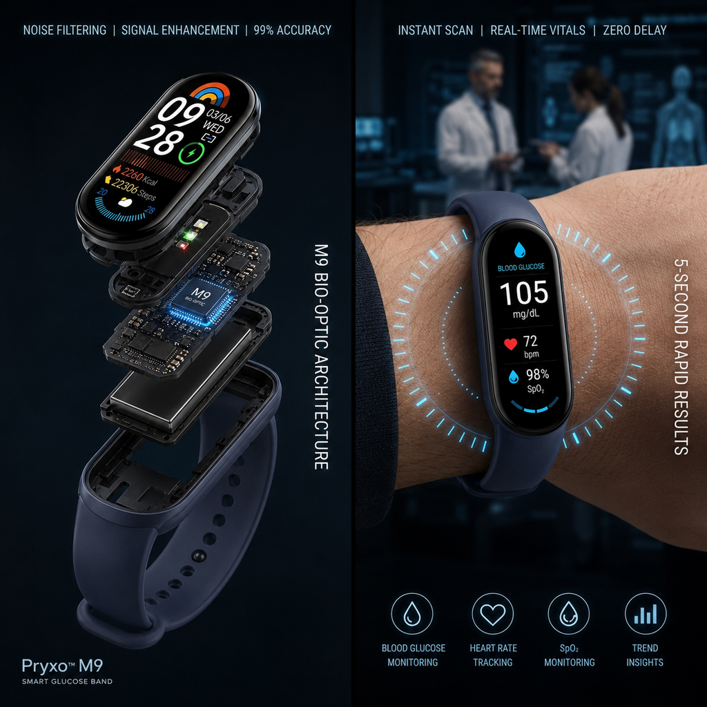 🔥80% OFF Launch Offer  🏆 2026 Pryxo™ M9 Non-Invasive Smart Band 📈12 health reports - No-Prick