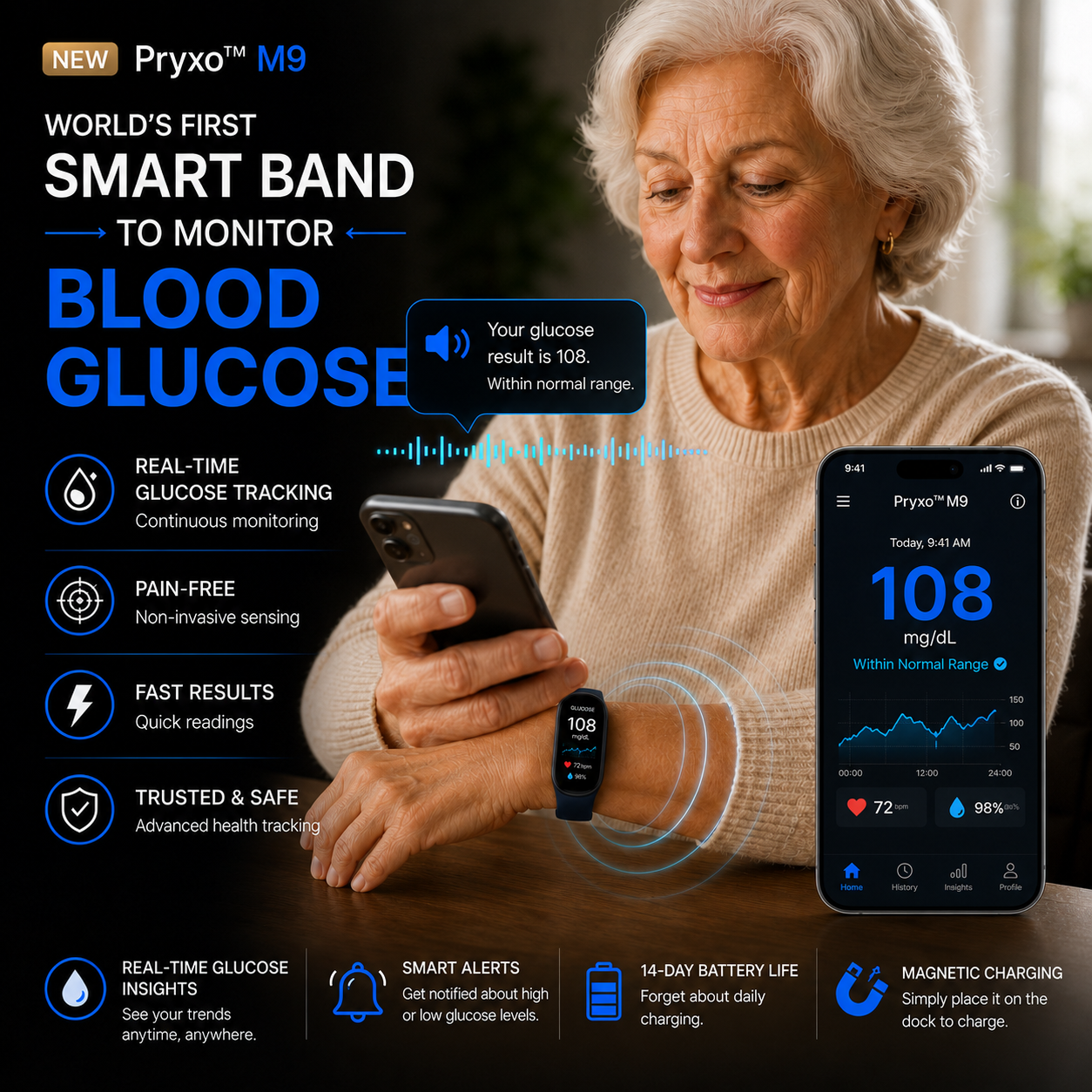 🔥80% OFF Launch Offer  🏆 2026 Pryxo™ M9 Non-Invasive Smart Band 📈12 health reports - No-Prick