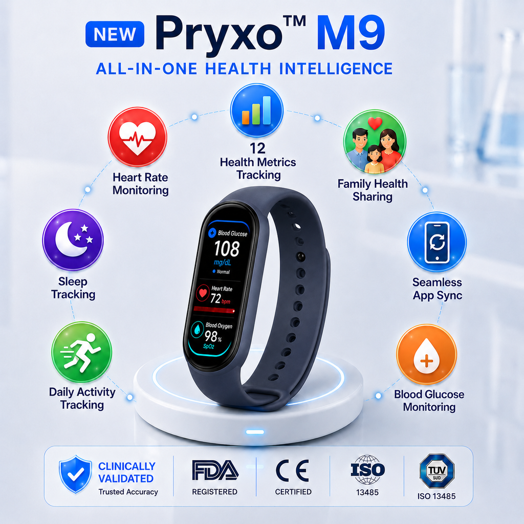 🔥80% OFF Launch Offer  🏆 2026 Pryxo™ M9 Non-Invasive Smart Band 📈12 health reports - No-Prick